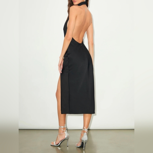 Lulus Beyond Classy Black Satin Backless Keyhole Halter Midi Dress - Picture 7 of 13